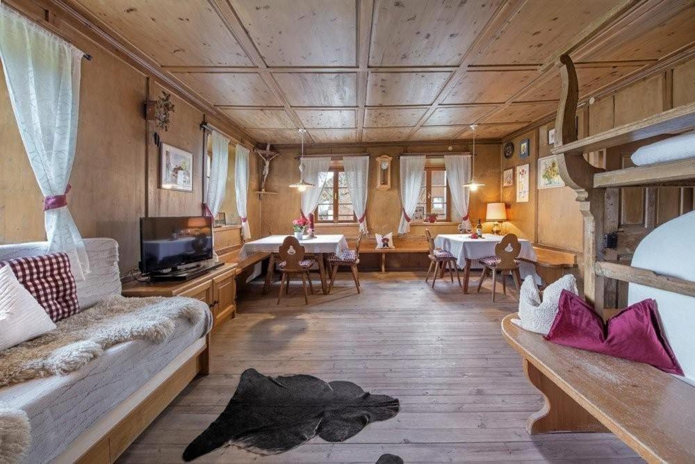 ein Wohnzimmer mit Sofa und Fernseher in der Unterkunft Nussbaum in Brixen