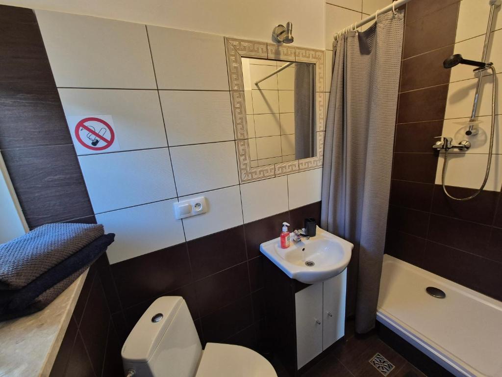 Kúpeľňa v ubytovaní Kwatery u Jarka z ogrodem i parkingiem