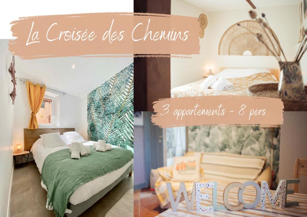 un collage de trois photos d'une chambre dans l'établissement La croisée des chemins, à Montauban