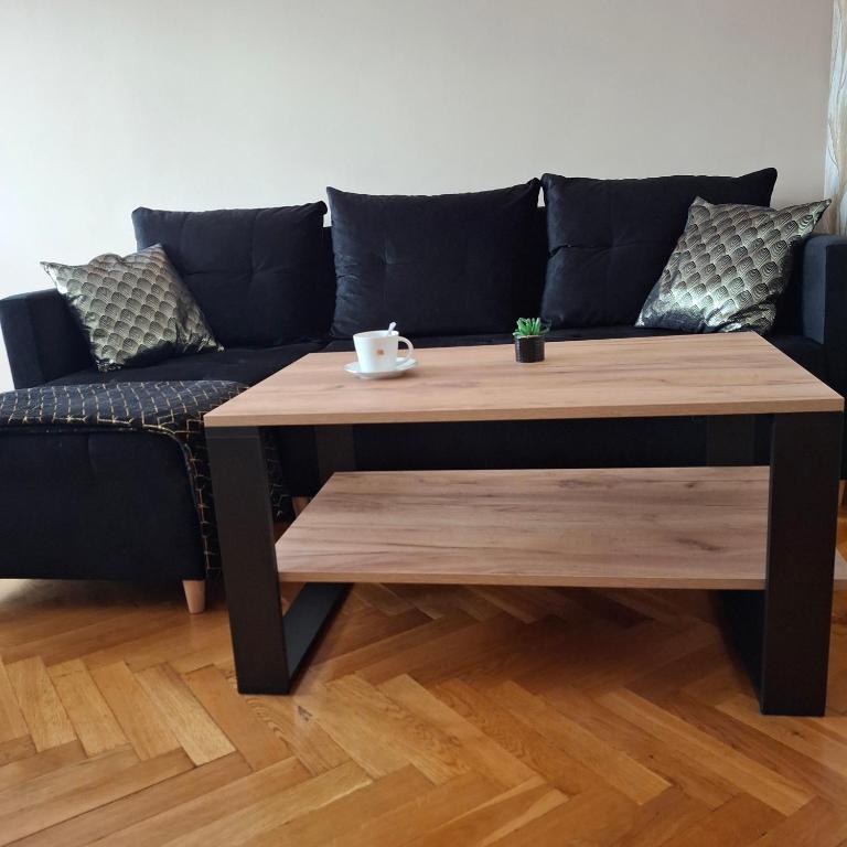 a living room with a couch and a wooden table at Apartament Agnes in Gniezno