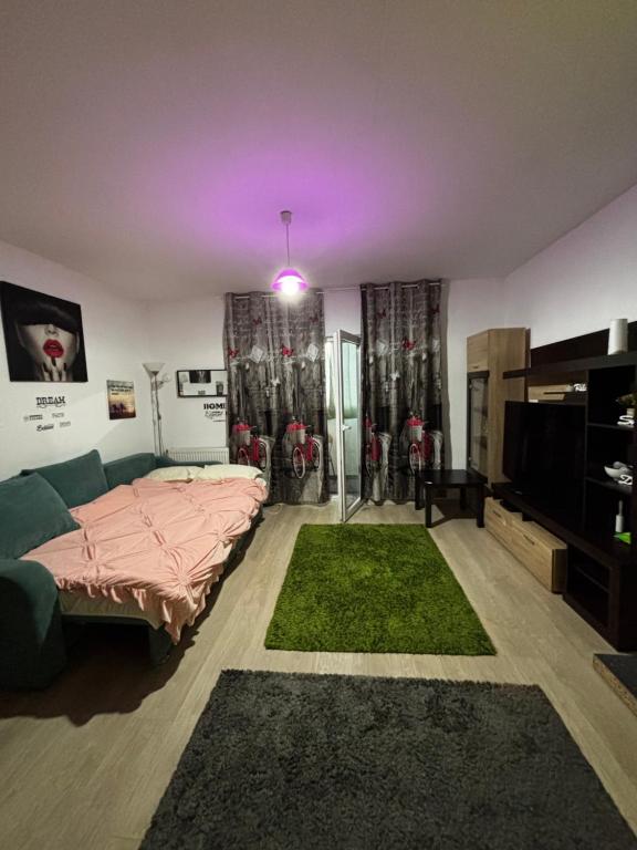 1 dormitorio con cama y alfombra verde en ModernStudio, en Bragadiru