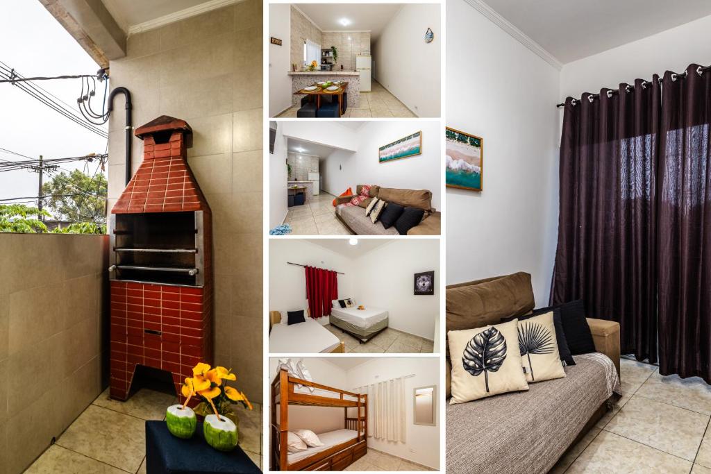 eine Collage mit Fotos eines Wohnzimmers in der Unterkunft Casa de condomínio HP2 - Ideal para turistas e empresas - 7 min de carro das praias Tupi e Ocian in Praia Grande