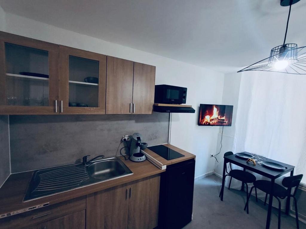 Il comprend une cuisine équipée d'un évier et d'une table avec une cuisinière. dans l'établissement Meneau 2- Center-Wifi- Connected TV, à Béziers