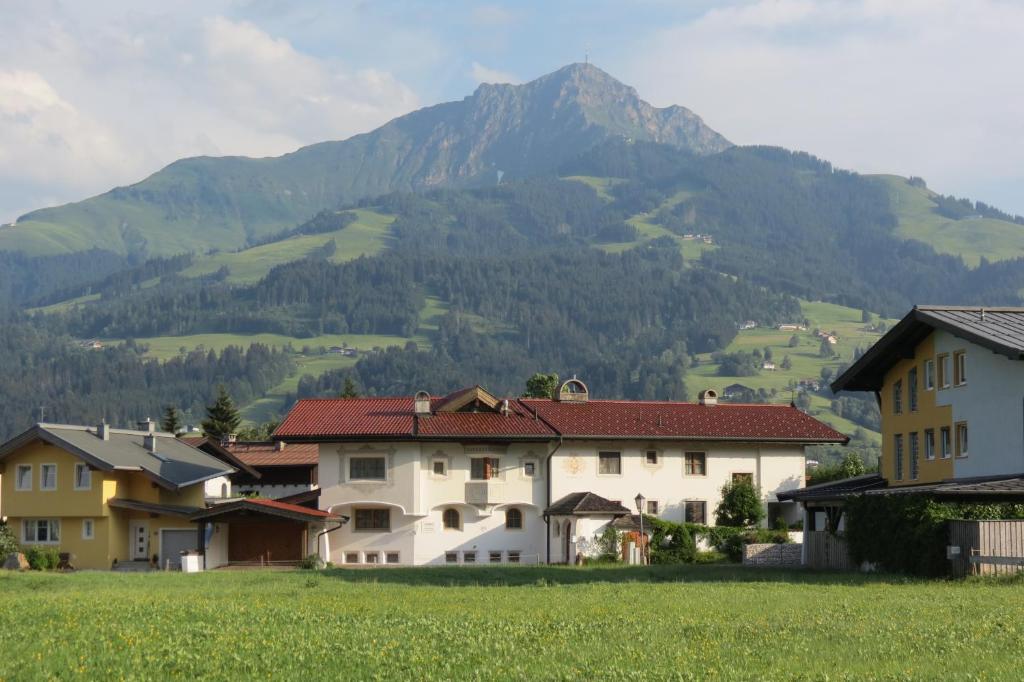 un groupe de maisons en face d'une montagne dans l'établissement Ferienresidenz Florian, à St. Johann in Tirol