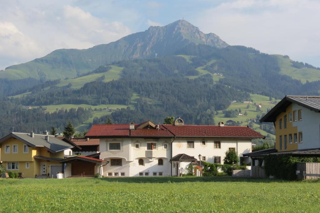 a group of houses in front of a mountain at Ferienresidenz Florian in Sankt Johann in Tirol