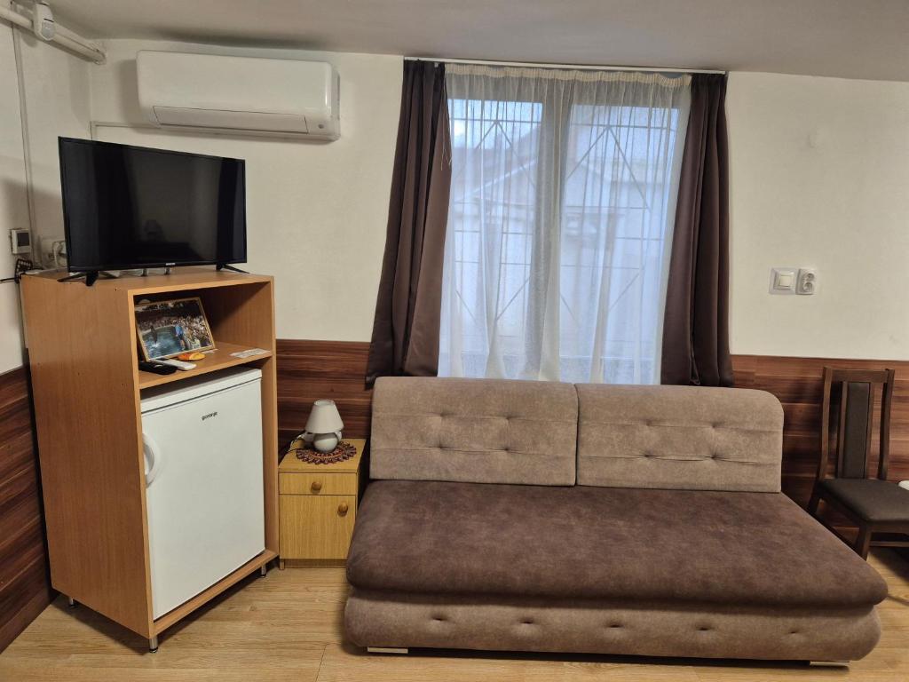 salon z kanapą i telewizorem w obiekcie Crystal Sóstó Apartman w Nyíregyházie