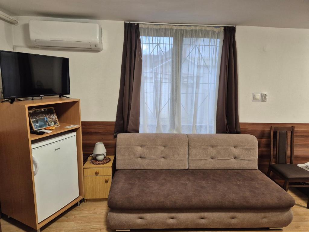 salon z kanapą i dużym oknem w obiekcie Crystal Sóstó Apartman w Nyíregyházie