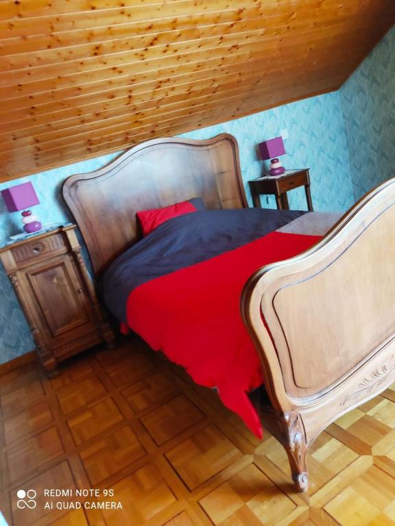 a bedroom with a large bed with a red blanket at 3 Chambres chez l'habitant in Valleiry