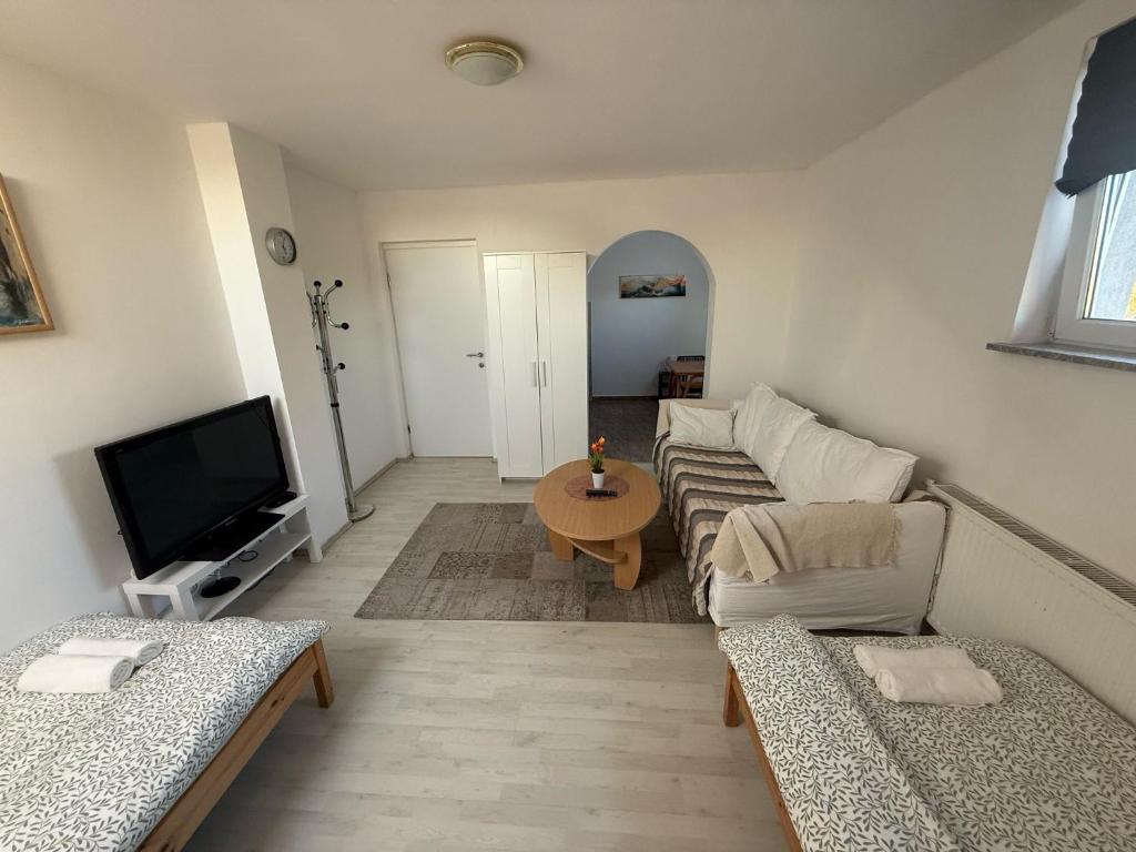 ein Wohnzimmer mit Couch und Fernseher in der Unterkunft Sobe Ježdovec in Ježdovec
