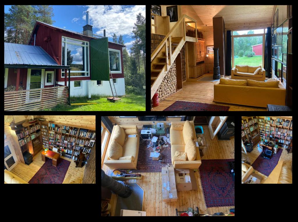 a collage of four pictures of a library at Loft in the forest in Boliden