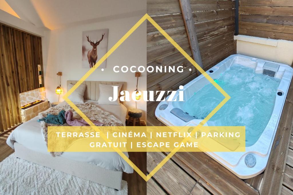 une chambre d'hôtel avec un jacuzzi dans une chambre dans l'établissement Le Chalet Champenois - Jacuzzi - Terrasse - Calme - Ciné Netflix, à Troyes