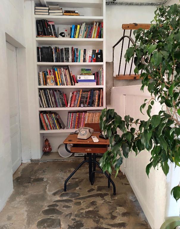 un bureau dans une pièce avec une étagère avec des livres dans l'établissement Les Grands Cyprès - chambres d'hôtes, à Conques-sur-Orbiel