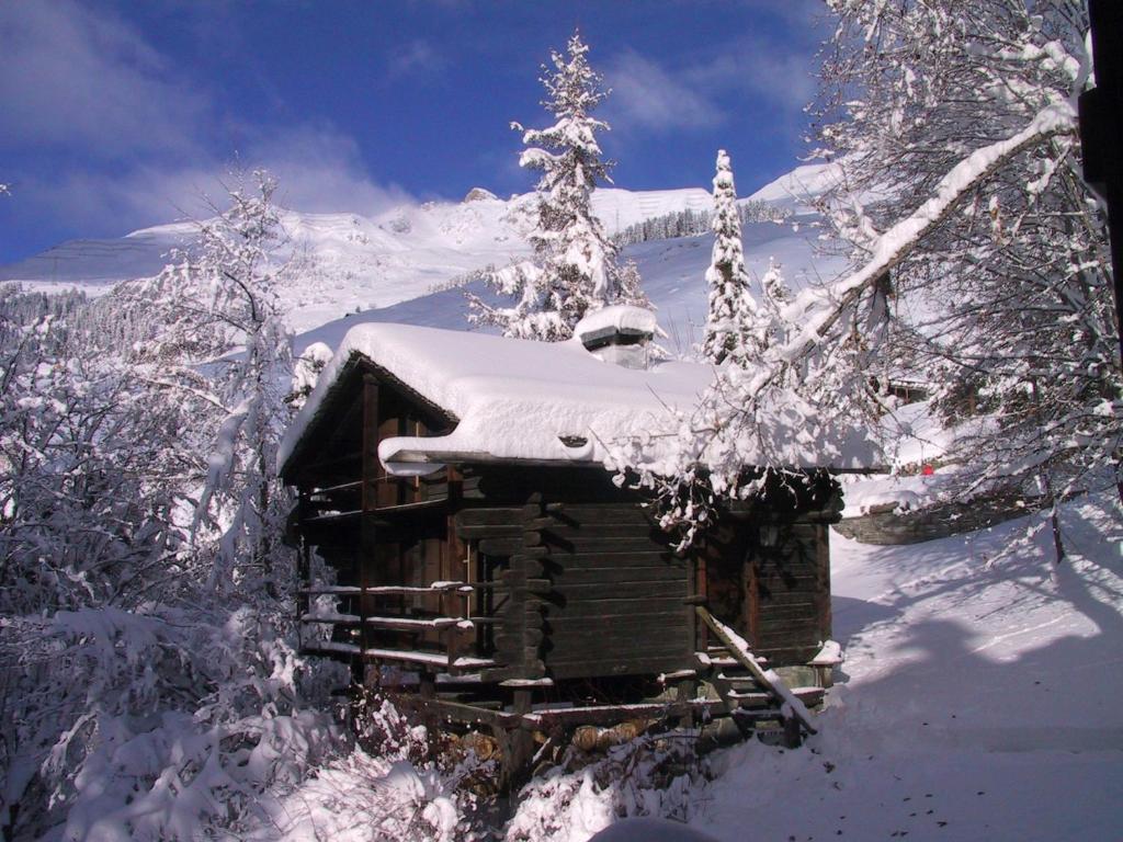 una cabaña de troncos con nieve en el techo en Mazot de l' Arche de Noé, en Verbier