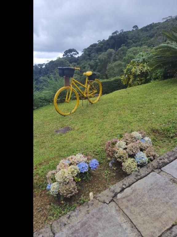 a yellow bike parked in the grass next to flowers at Chalé Schueler in Nova Friburgo