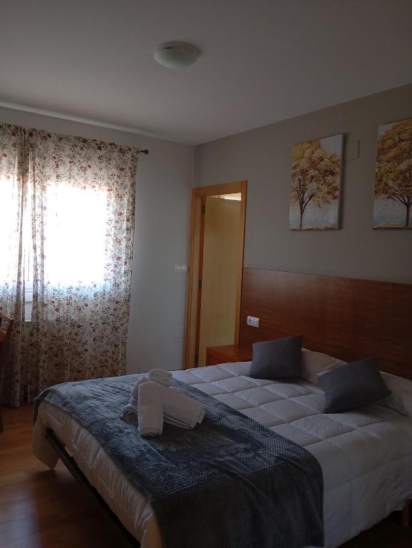 a bedroom with a large bed and a window at Pensión Abeledo in Sarria