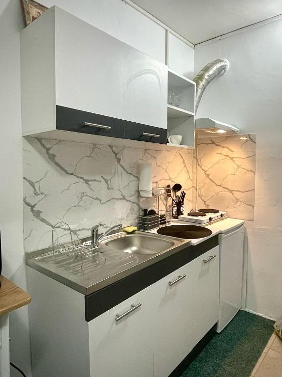 a kitchen with a sink and a counter top at The Box in Iaşi