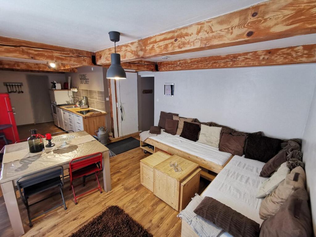 un salon avec un canapé et une cuisine dans l'établissement Le 9 charmant appart meublé de tourisme 2 étoiles centre, à Barcelonnette