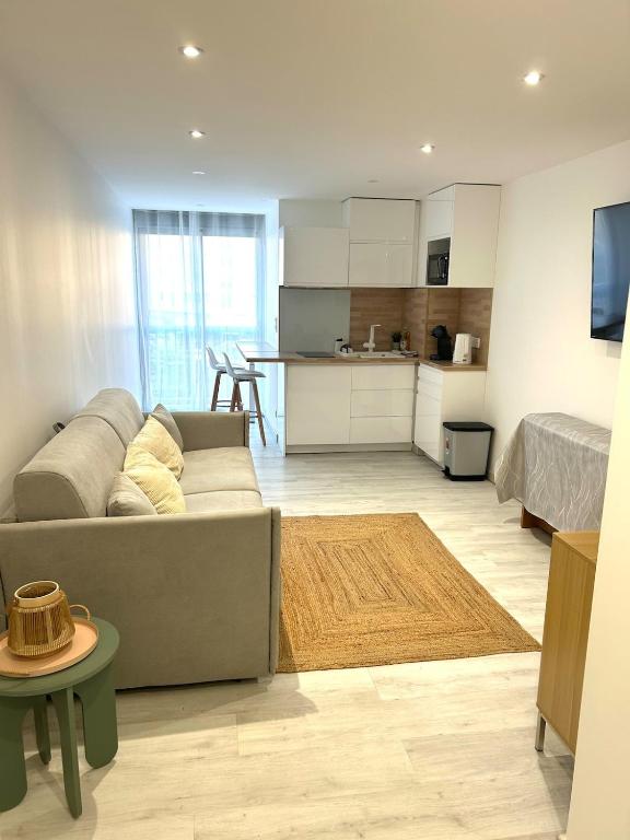 un salon avec un canapé et une cuisine dans l'établissement Cozy studio Carnon Plage, à Mauguio