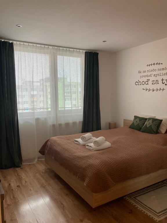 ミハロフツェにあるApartmán neďaleko centra mestaのベッドルーム1室(ベッド1台、タオル2枚付)