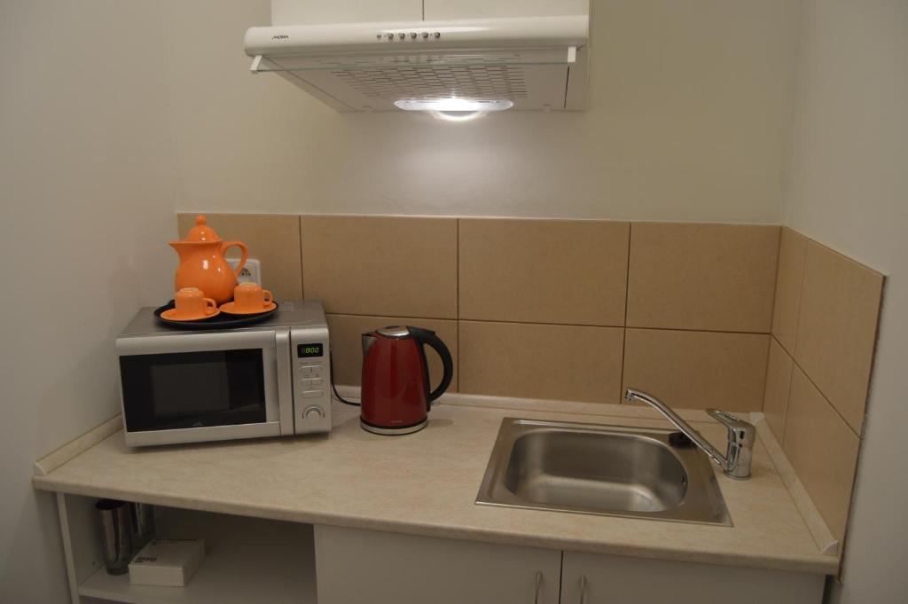 a kitchen with a microwave and a sink at HOTEL ARÉNA in Prague