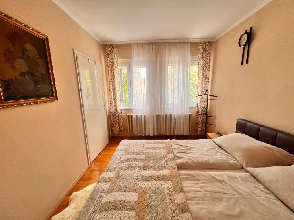 un dormitorio con una cama y una ventana en Bem Apartman, en Gyenesdiás
