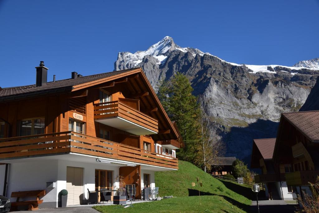 a house on a hill with a mountain in the background at Apartments Kirchbühl in Grindelwald