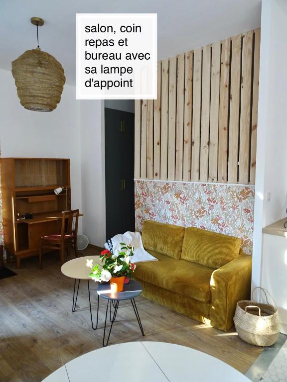 un salon avec un canapé et une table dans l'établissement Chaleureux Henri IV, à Pau