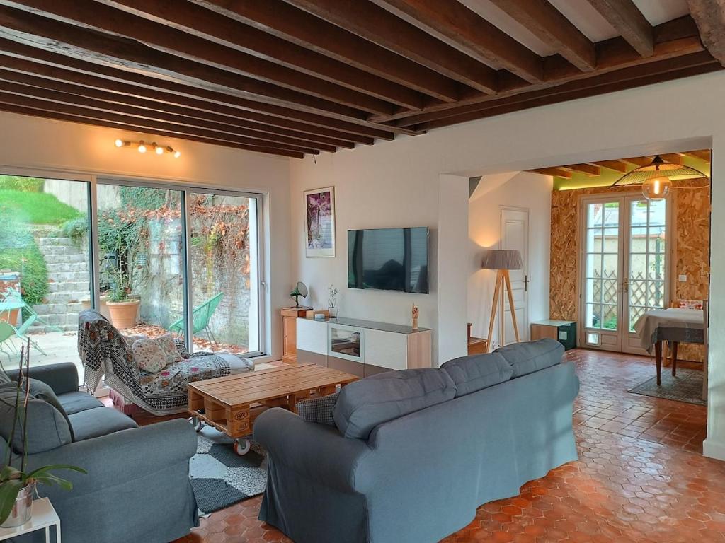 un salon avec des canapés, une table et une télévision dans l'établissement House with garden and garage, à Rouen