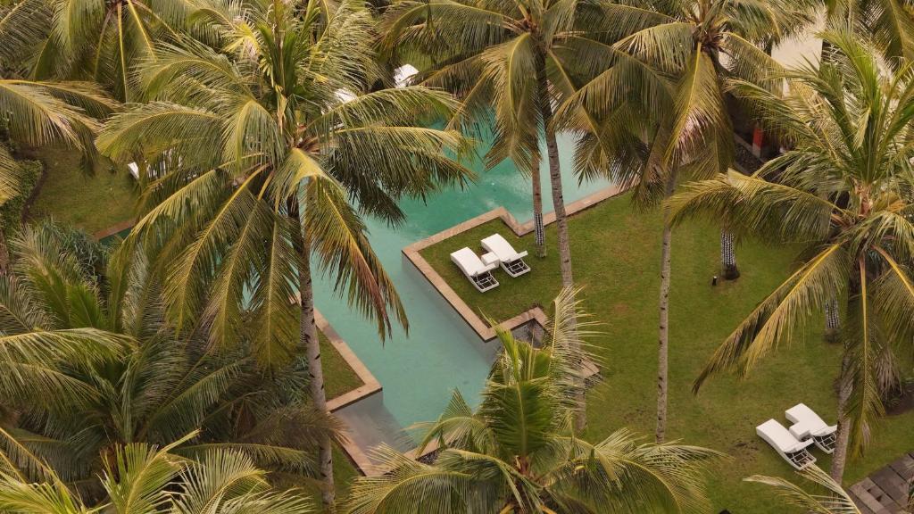 an overhead view of a pool with palm trees at Kelapa Retreat & Spa in Pulukan