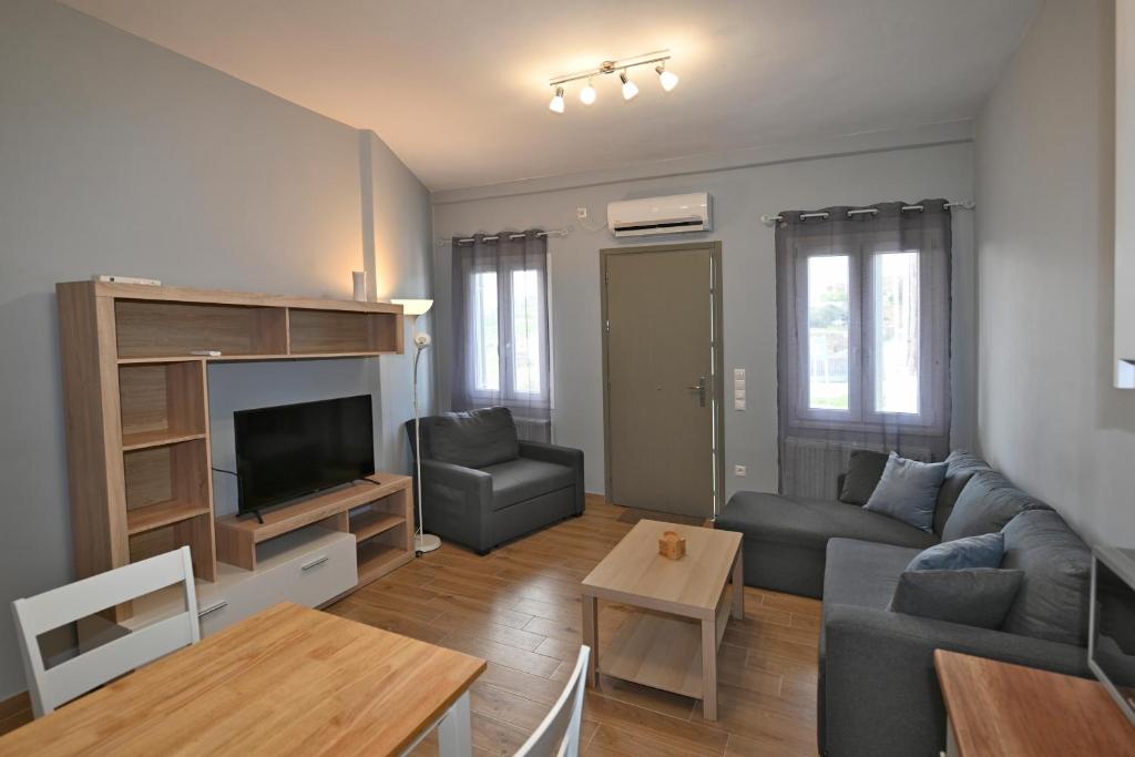 Una sala de estar con un sofá y un televisor. en Easy Living Tinos, en Vrachonisída Chántra