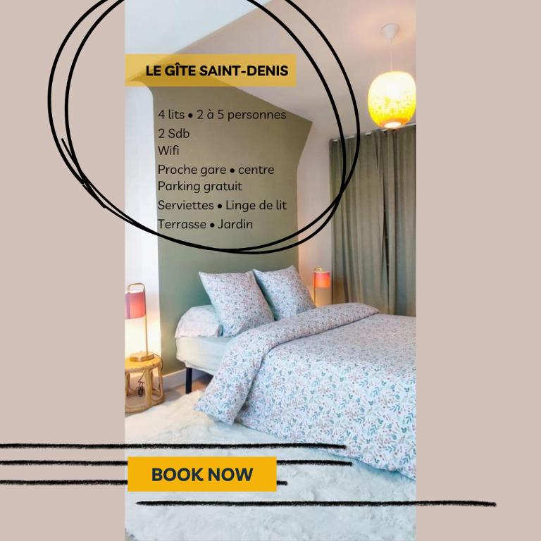 une affiche d'une chambre avec un lit et un livre maintenant dans l'établissement Gîte Saint-Denis - proche centre ville - jardin, à Châteauroux