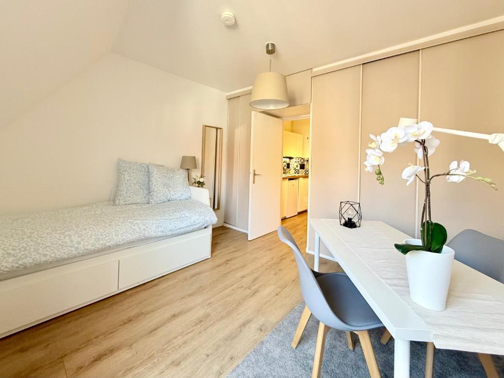 une chambre avec un lit, un bureau et une table dans l'établissement Cosy studio Grand Rue à Strasbourg, à Strasbourg