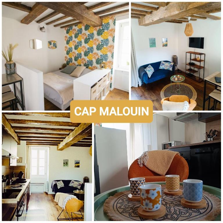 un collage de photos d'un petit appartement dans l'établissement Cap Malouin, à Saint-Malo