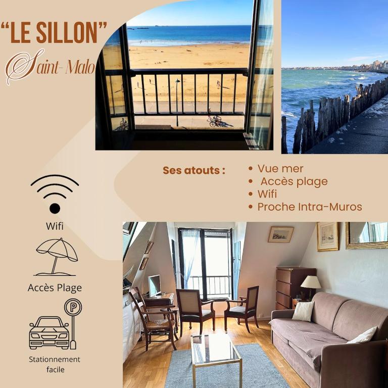 un collage de photos d'un salon et d'une plage dans l'établissement St Malo Sea View T2 - Ideal Vacation Remote Work, à Saint-Malo