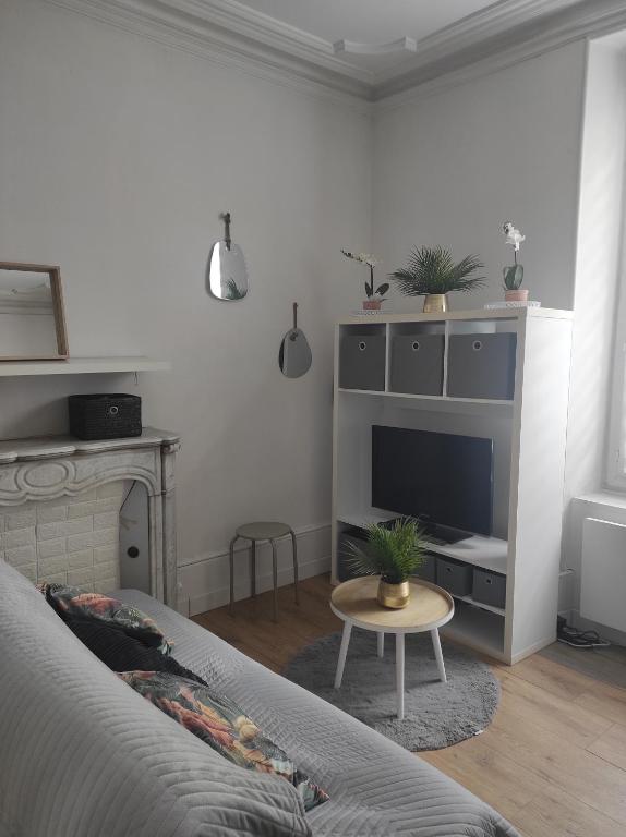 un salon avec un canapé et une télévision dans l'établissement Cosy dreams 24H du Mans avec jardin, au Mans