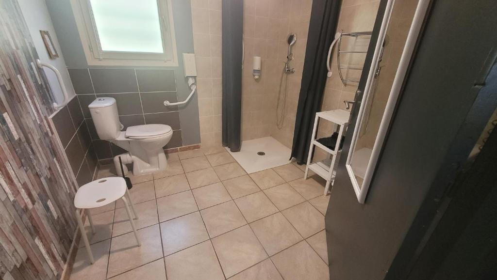 a small bathroom with a toilet and a shower at Hotel La Peyrade in Cajarc