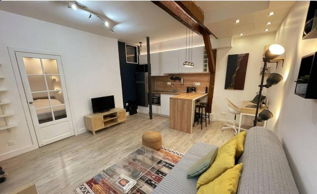 un salon avec un canapé et une cuisine dans l'établissement Apartment on Rue Morvan, à Paris