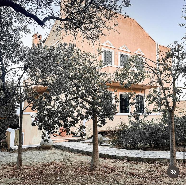 Un gran edificio con árboles delante. en Castellano Apartments, en Afantou