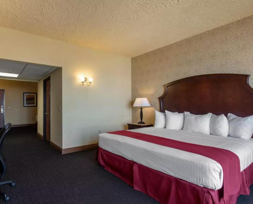 マスキーゴンにあるShoreline Inn & Conference Center, an Ascend Collection Hotelのホテルルーム内のベッドルーム1室(大型ベッド1台付)