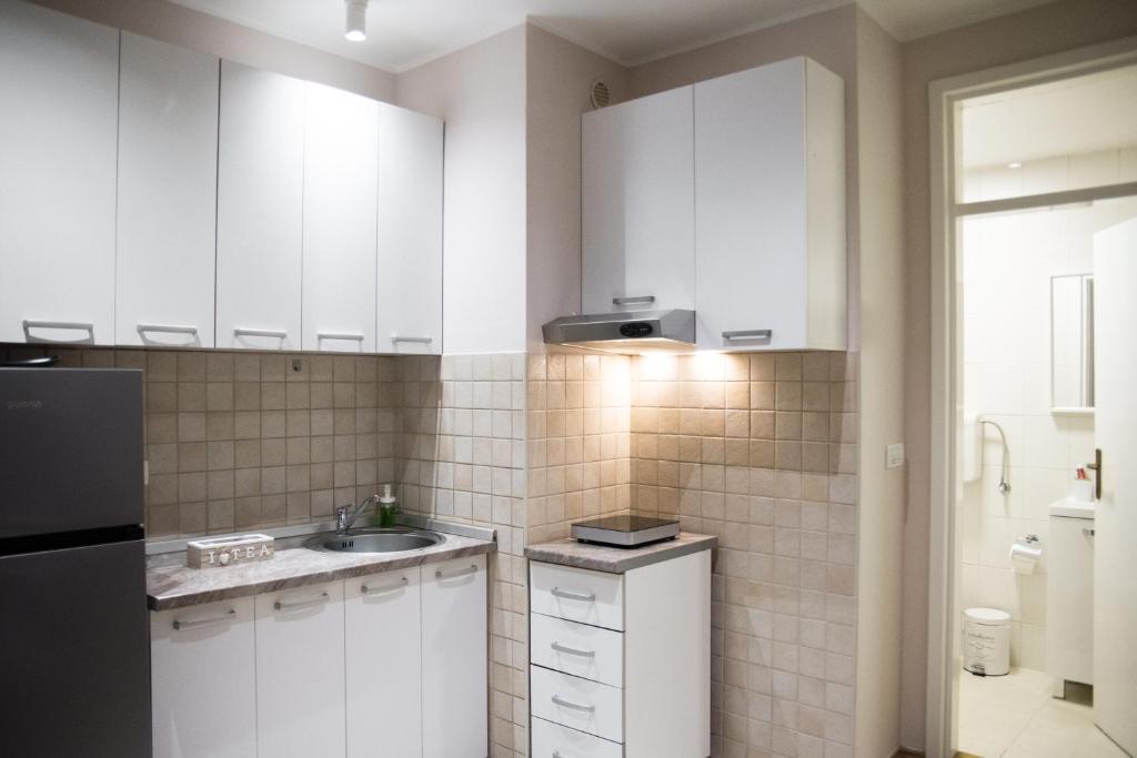 贝尔格莱德Sorelle的带水槽和冰箱的白色厨房