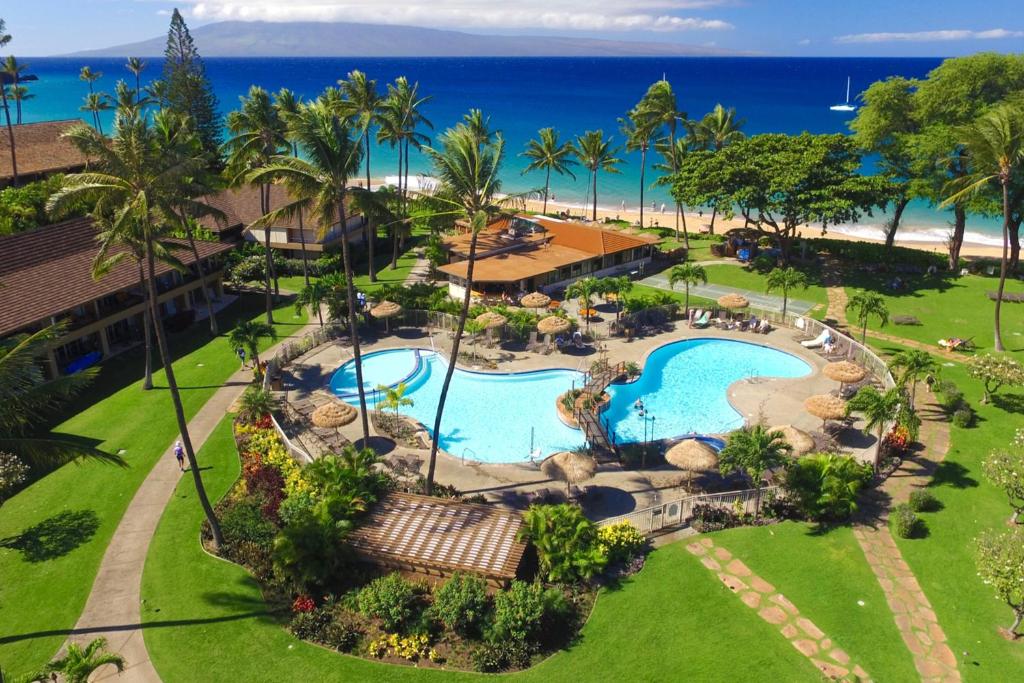 an aerial view of a resort with a swimming pool at Aston Maui Kaanapali Villas in Lahaina