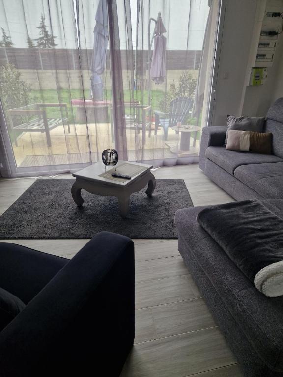 un salon avec un canapé et une table basse dans l'établissement Maison 2 caroline, à Cadaujac