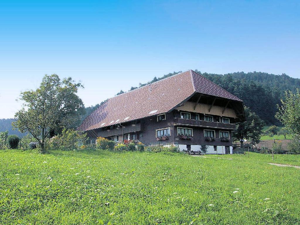 ein großes Gebäude auf einem Feld mit Gras in der Unterkunft Oberrainbauernhof in Gutach