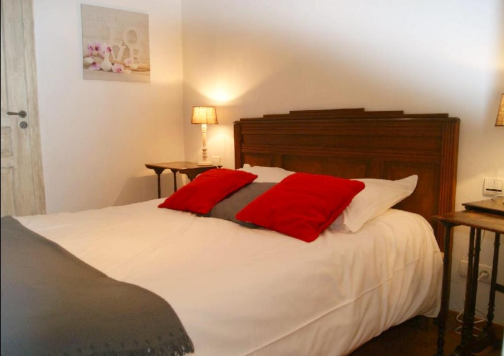Una cama con dos almohadas rojas encima. en Studio Hôtel, en Caunes-Minervois
