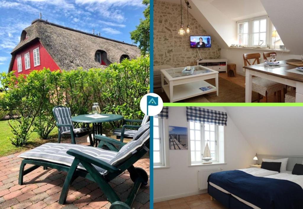 a collage of pictures of a bedroom and a house at Hüs Dikstian- Wohnung 5 in Alkersum