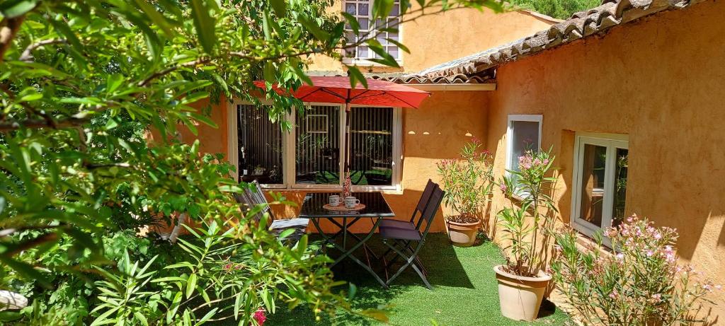 une terrasse avec une table, un parasol et des plantes dans l'établissement Le Jas du Tilleul, à Villecroze