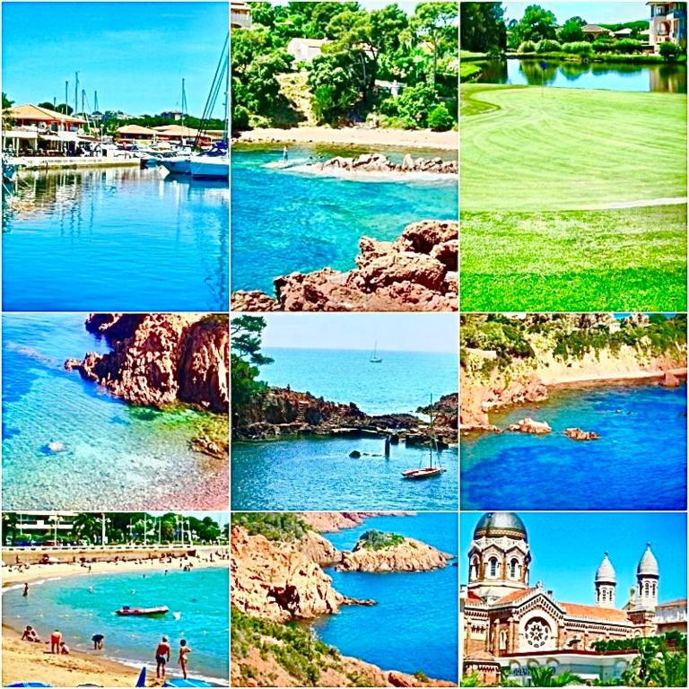 un collage de différentes photos d'une plage et d'une eau dans l'établissement TRIANGLE D OR 55m2 en bord de plage, à Saint-Raphaël