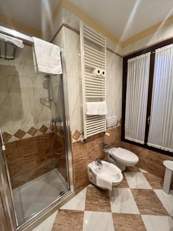 a bathroom with a shower and a toilet and a sink at Hotel Ca' Dogaressa in Venice