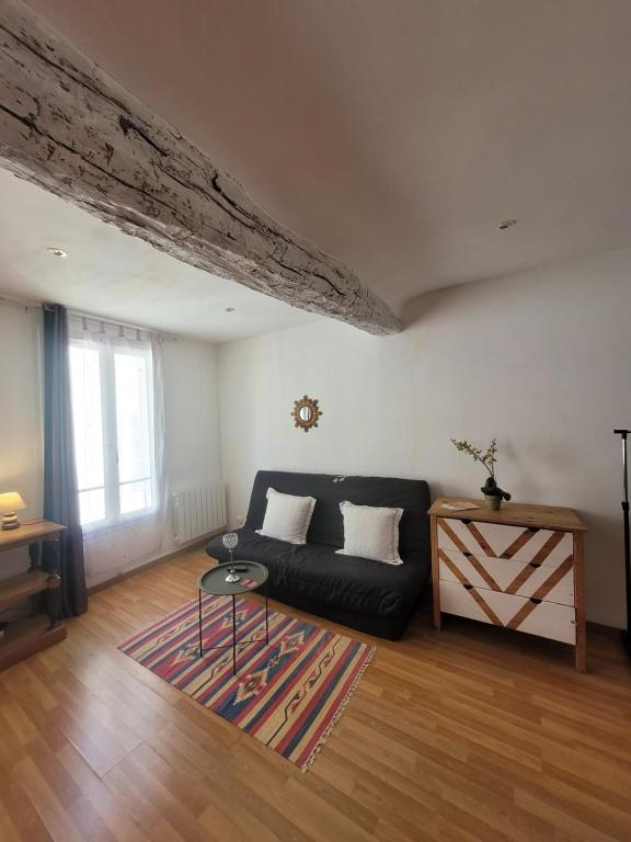 un salon avec un canapé noir et une table dans l'établissement Grand studio chez Lucie, à Cotignac