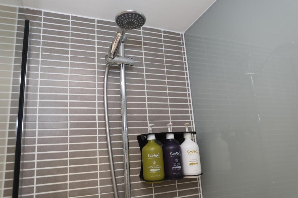 a shower in a bathroom with two bottles on a shelf at Holiday Inn Brighton Seafront by IHG in Brighton & Hove